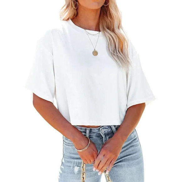 Women's White Half Sleeve Round Neck Casual Summer Basic Tees T-Shirt - Picture 2 of 4